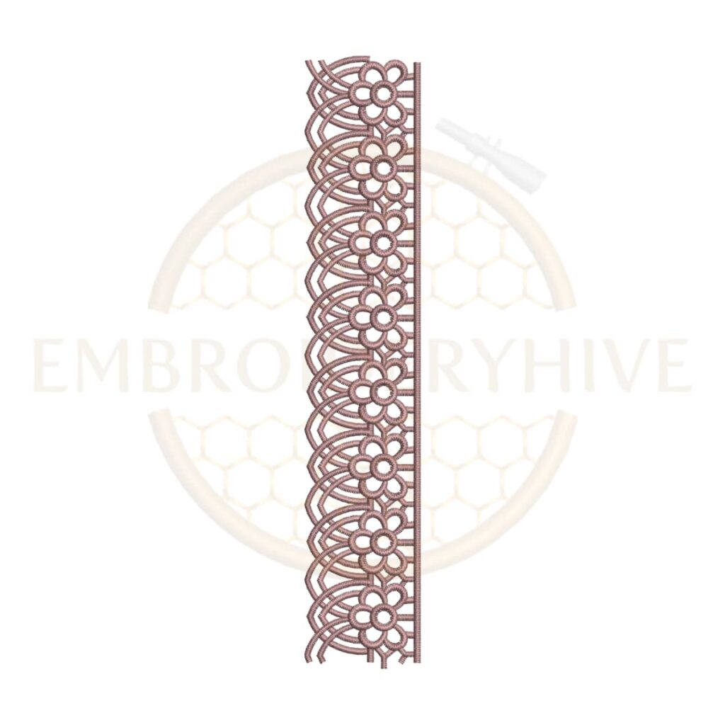 Machine embroidery design featuring an arched daisy chain lace border (Design E-1166).