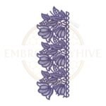 Machine embroidery design featuring a bell flower and leaf motif border with a picot edge (Design E-1154).
