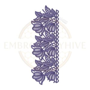Machine embroidery design featuring a bell flower and leaf motif border with a picot edge (Design E-1154).