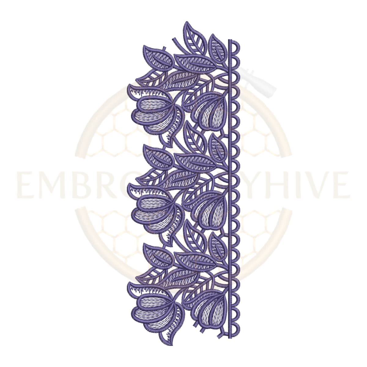 Machine embroidery design featuring a bell flower and leaf motif border with a picot edge (Design E-1154).