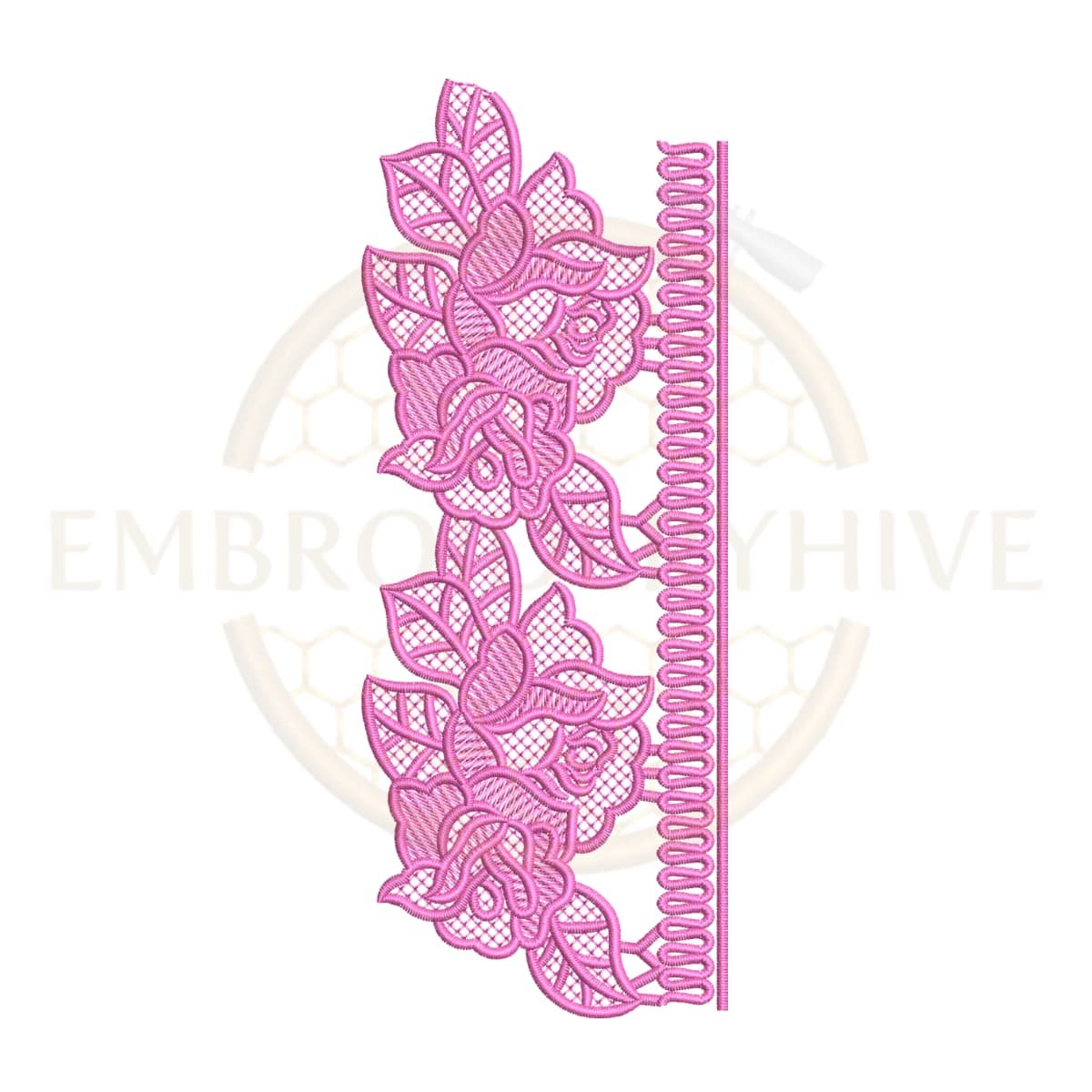 Machine embroidery design featuring a blooming rose and mesh leaf lace border (Design E-1156).