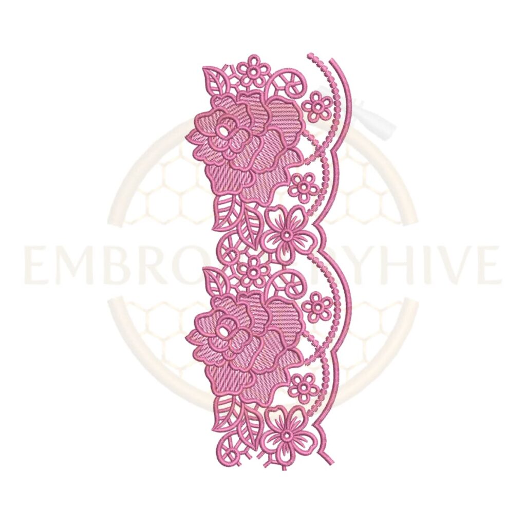 Machine embroidery design featuring a blooming rose scalloped lace border (Design E-1162).