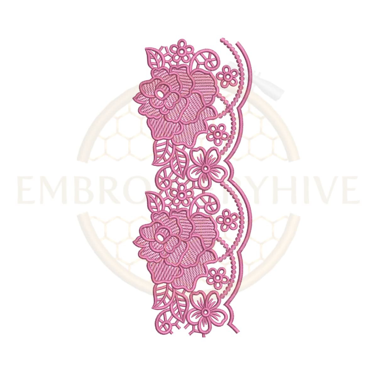 Machine embroidery design featuring a blooming rose scalloped lace border (Design E-1162).