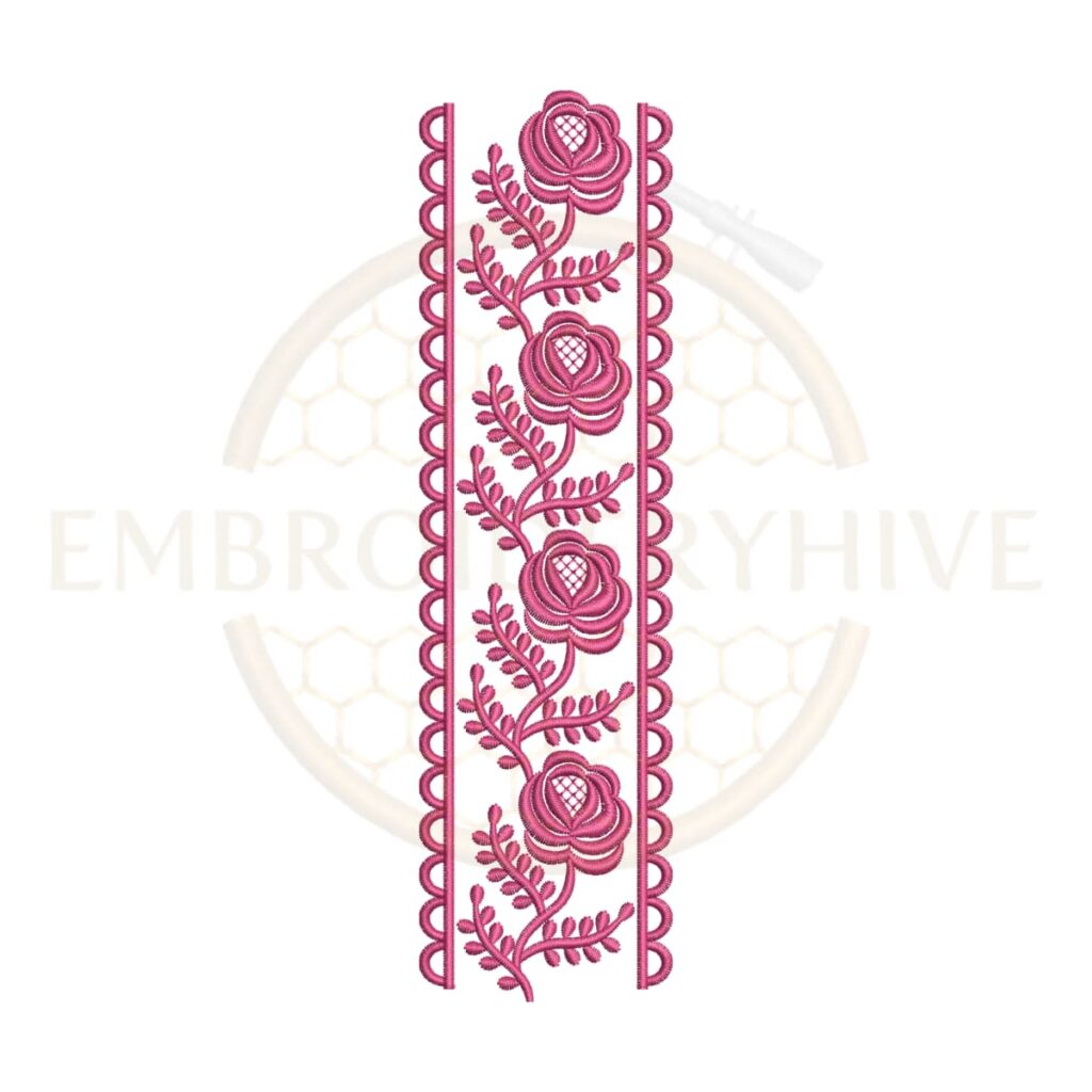 Machine embroidery design featuring a climbing rose vine edge lace border (Design E-1164).