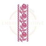 Machine embroidery design featuring a climbing rose vine edge lace border (Design E-1164).