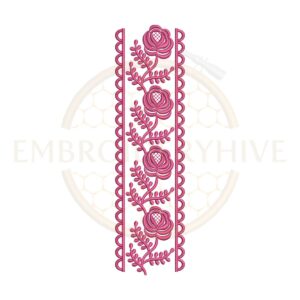Machine embroidery design featuring a climbing rose vine edge lace border (Design E-1164).
