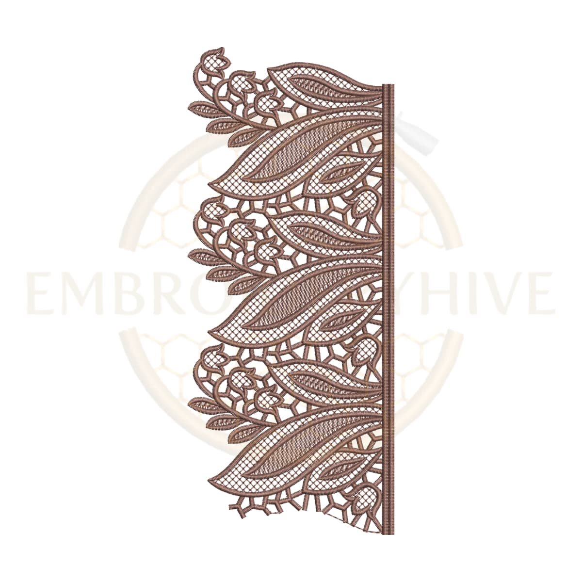 Machine embroidery design featuring an overlapping mesh leaf lace border (Design E-1159).