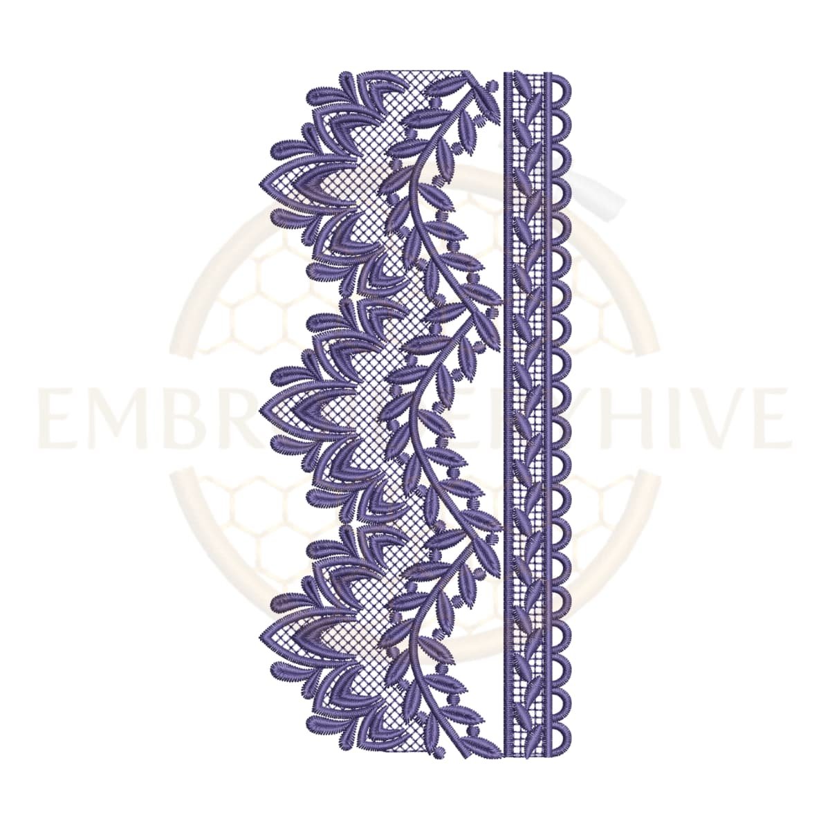 Machine embroidery design featuring a pointed foliage grid edge lace border (Design E-1161).