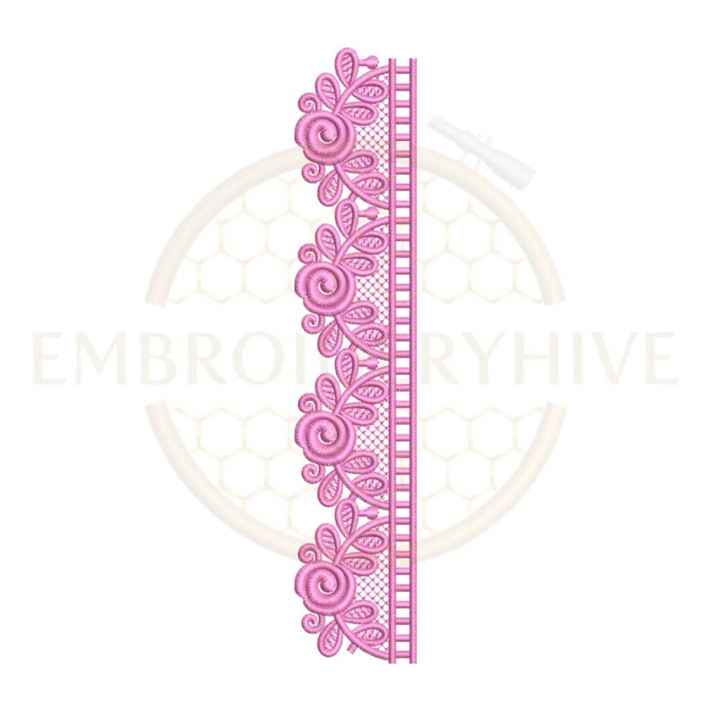 Machine embroidery design featuring a swirl rose edge lace border (Design E-1165).