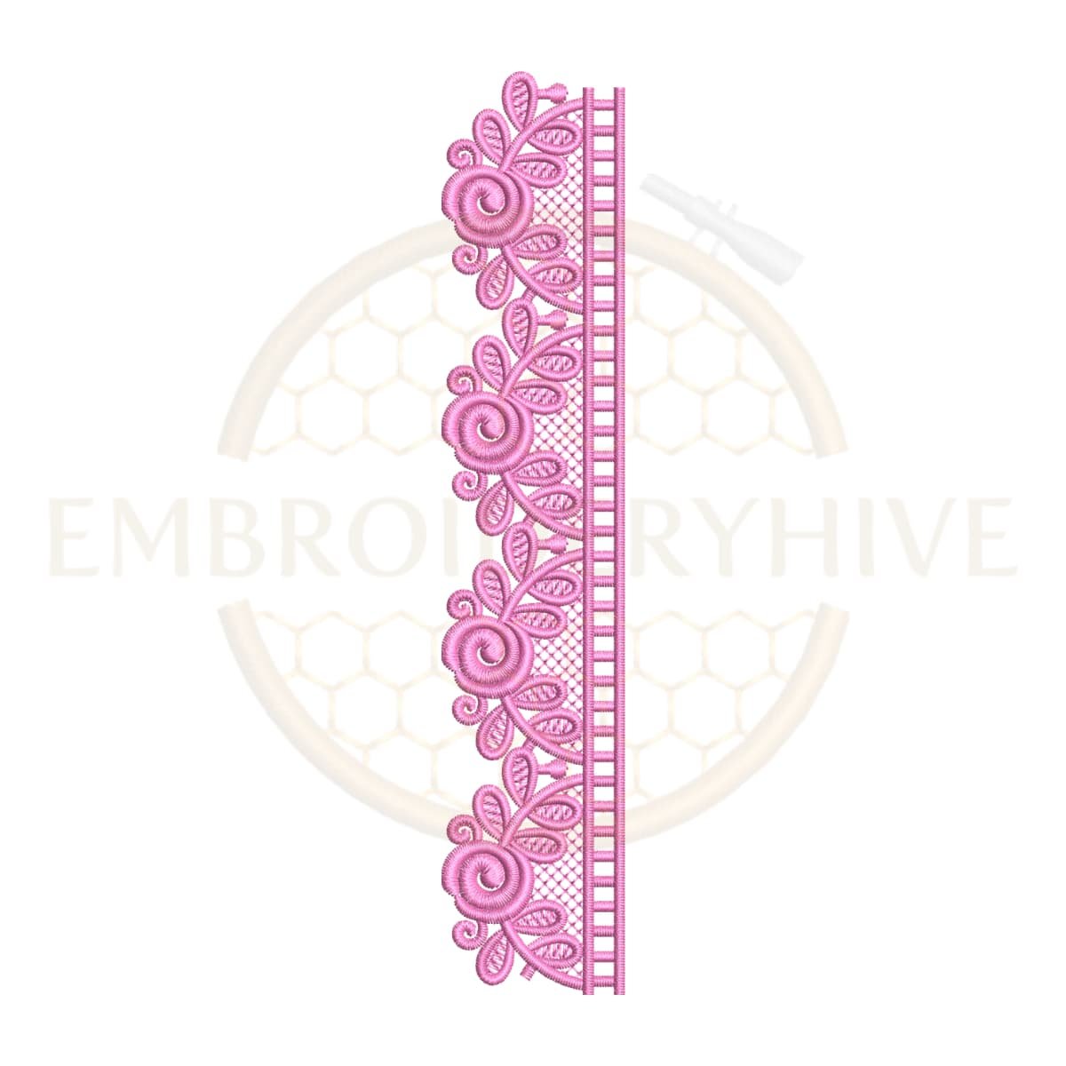 Machine embroidery design featuring a swirl rose edge lace border (Design E-1165).