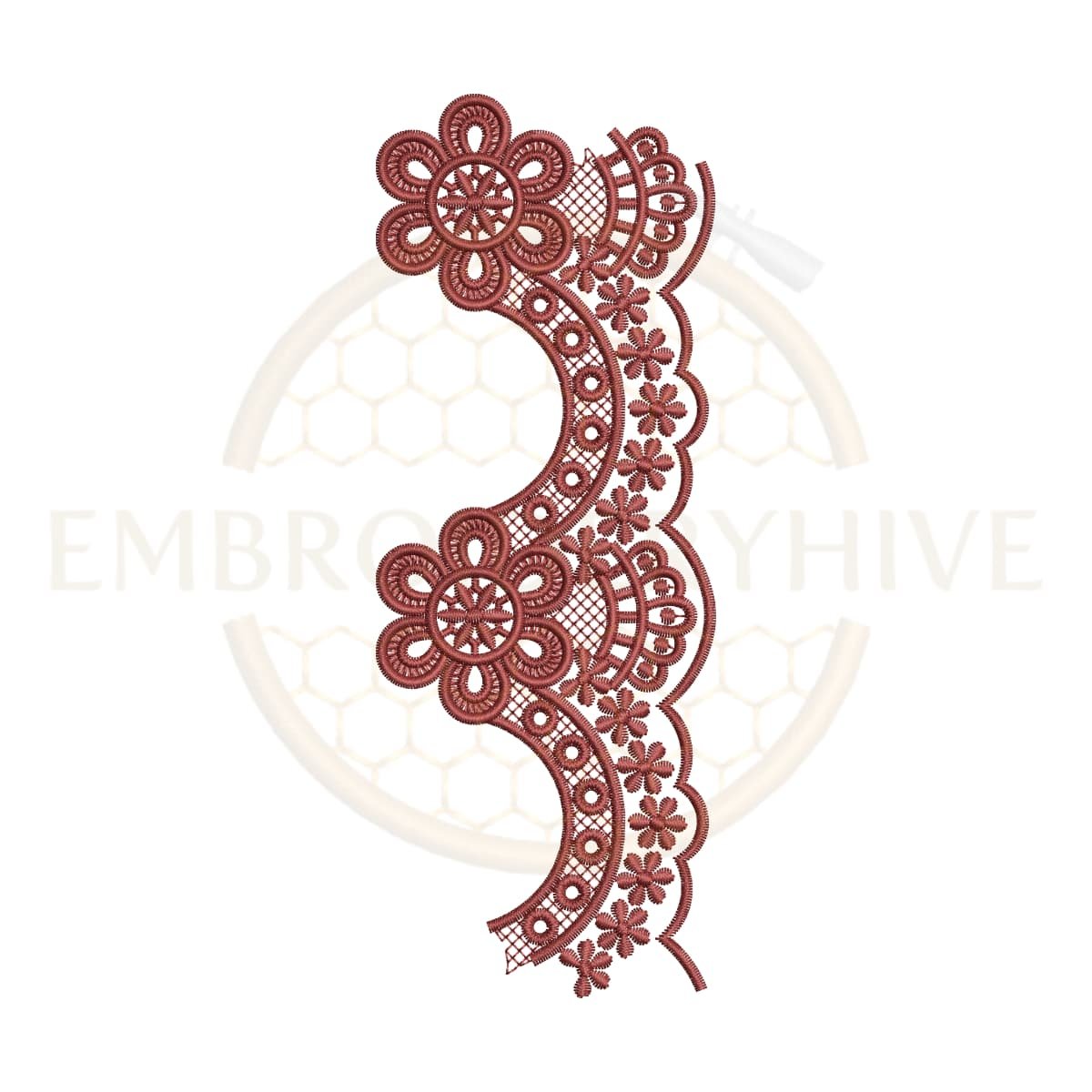 Curved Floral Lace (E-1131) floral border embroidery design for tablecloths, pillow covers, curtains, dresses, and home décor. Digital machine embroidery pattern measuring 2.67 × 7.09 inches (68 × 180 mm). Instant download in DST, PES, JEF, EXP, HUS, PEC, VIP, PCS, CSD, VP3, and XXX formats.