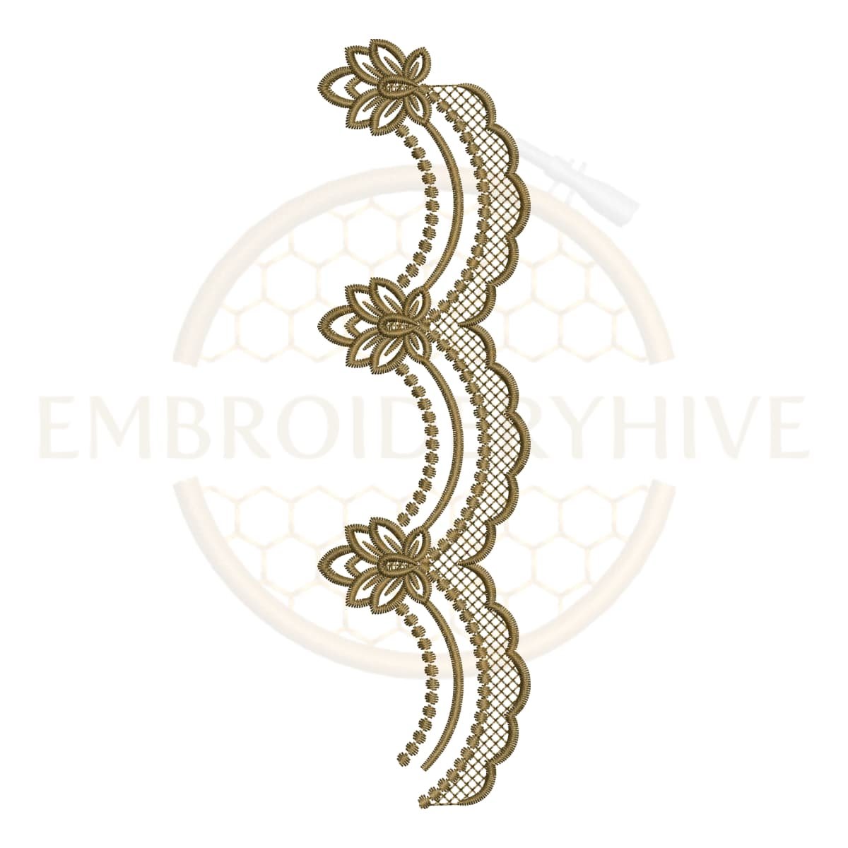 Elegant Curved Floral Lace border embroidery design (E-1170) machine embroidery lace pattern for tablecloths, bedsheets, pillow covers, curtains, towels, dresses, kurtis, kaftans, and home décor. Digital download in multiple embroidery formats.