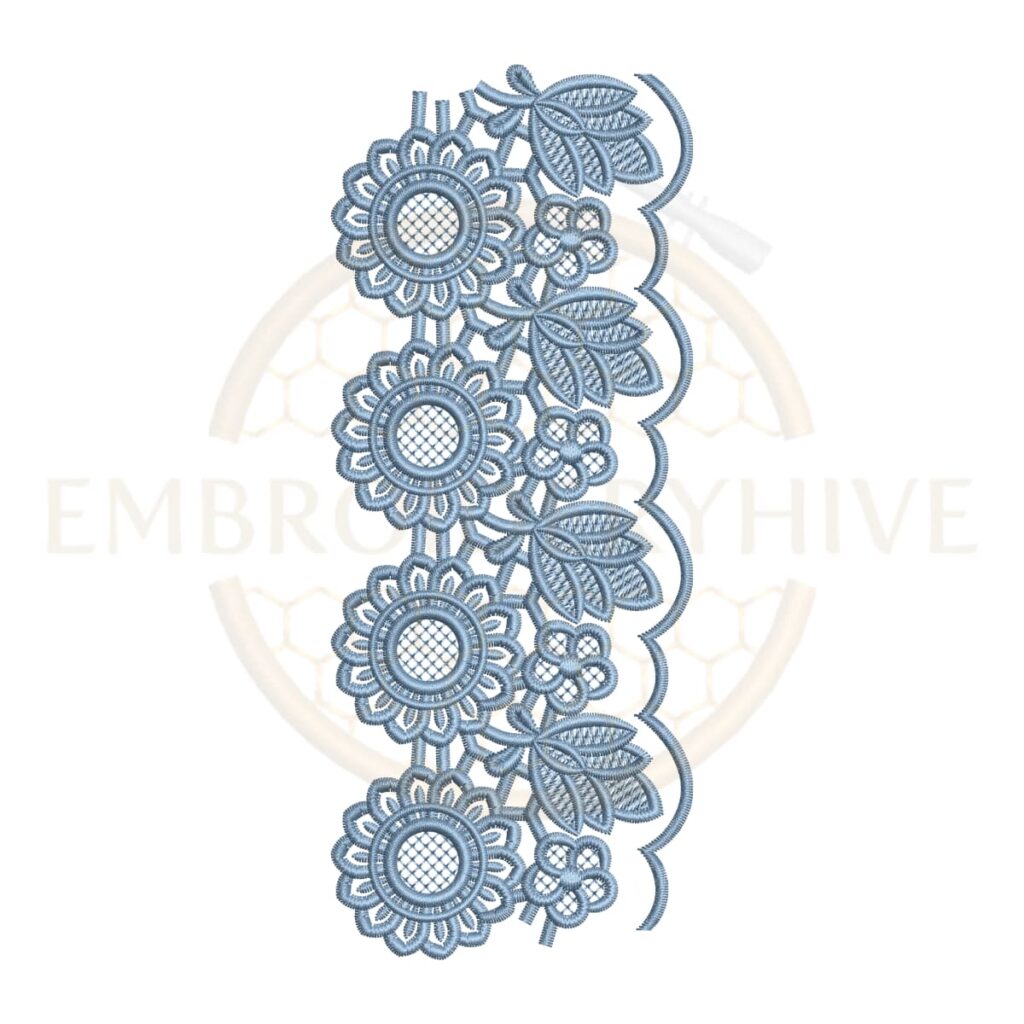 Sunflower Floral Lace (E-1132) floral border embroidery design for tablecloths, pillow covers, curtains, dresses, and home décor. Digital machine embroidery pattern measuring 2.86 × 7.06 inches (73 × 186 mm). Instant download in DST, PES, JEF, EXP, HUS, PEC, VIP, PCS, CSD, VP3, and XXX formats.