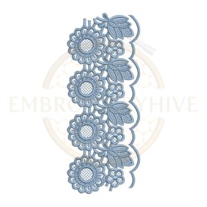 Sunflower Floral Lace (E-1132) floral border embroidery design for tablecloths, pillow covers, curtains, dresses, and home décor. Digital machine embroidery pattern measuring 2.86 × 7.06 inches (73 × 186 mm). Instant download in DST, PES, JEF, EXP, HUS, PEC, VIP, PCS, CSD, VP3, and XXX formats.