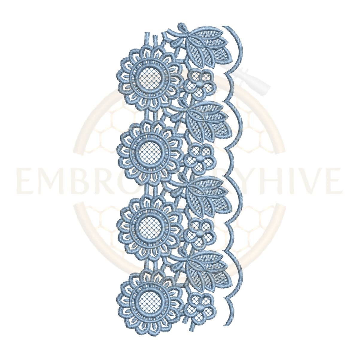 Sunflower Floral Lace (E-1132) floral border embroidery design for tablecloths, pillow covers, curtains, dresses, and home décor. Digital machine embroidery pattern measuring 2.86 × 7.06 inches (73 × 186 mm). Instant download in DST, PES, JEF, EXP, HUS, PEC, VIP, PCS, CSD, VP3, and XXX formats.