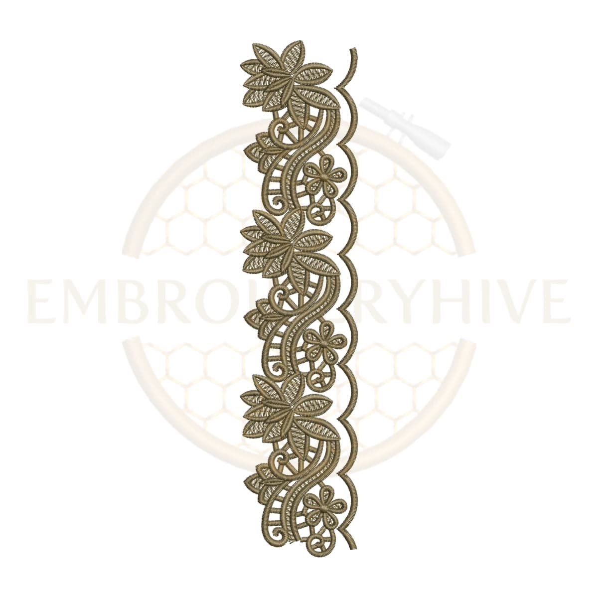 Machine embroidery design featuring a swirling pointed petal wine floral border (Design E-1157).