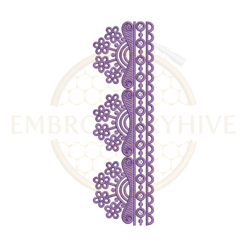 Machine embroidery design featuring a geometric scalloped floral lace border (Design E-1167).