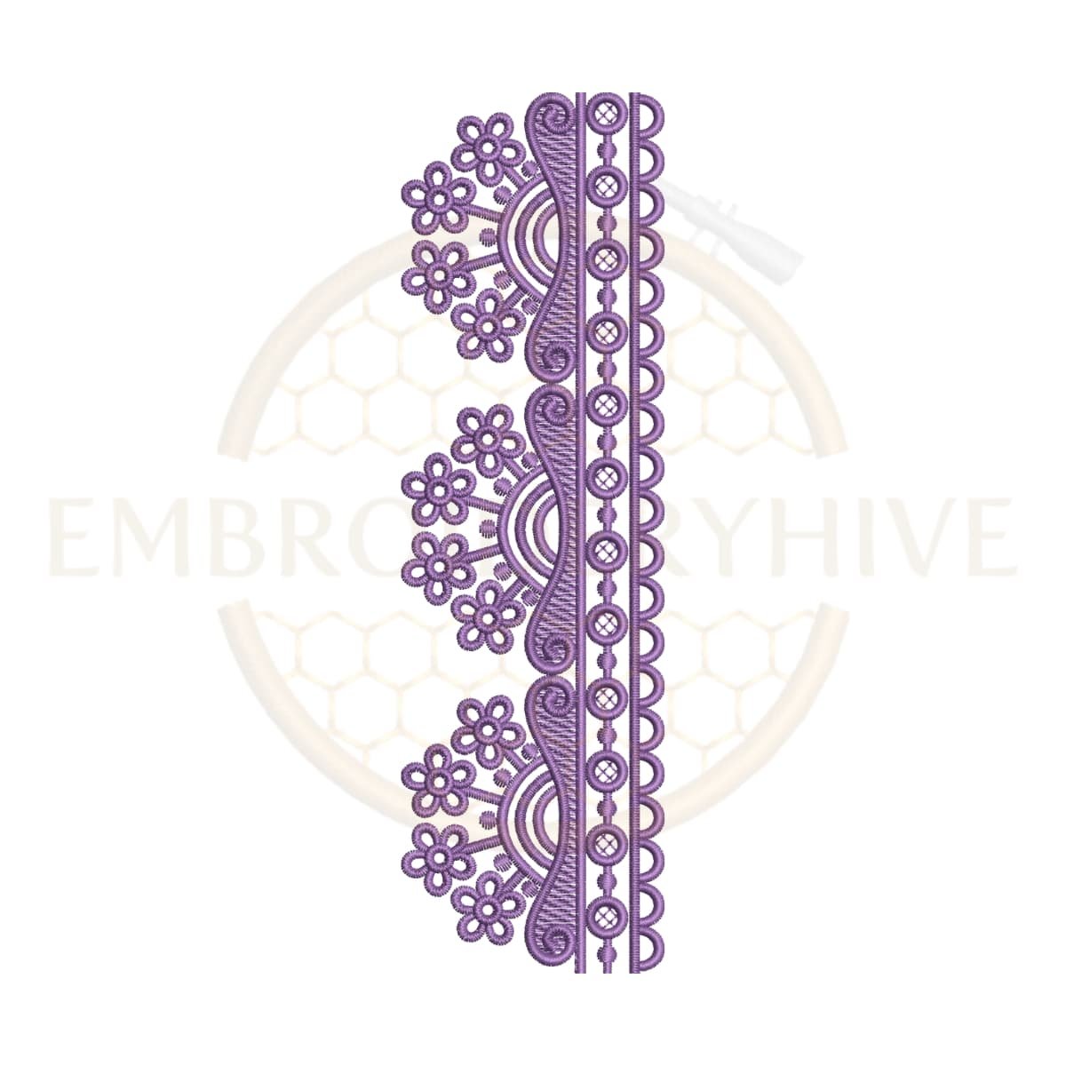 Machine embroidery design featuring a geometric scalloped floral lace border (Design E-1167).