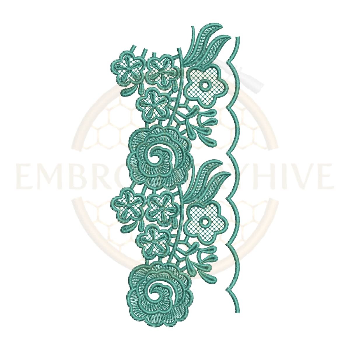 Rose Blossom Floral Lace (E-1133) floral border embroidery design for tablecloths, pillow covers, curtains, dresses, and home décor. Digital machine embroidery pattern measuring 2.99 × 7.01 inches (76 × 178 mm). Instant download in DST, PES, JEF, EXP, HUS, PEC, VIP, PCS, CSD, VP3, and XXX formats.