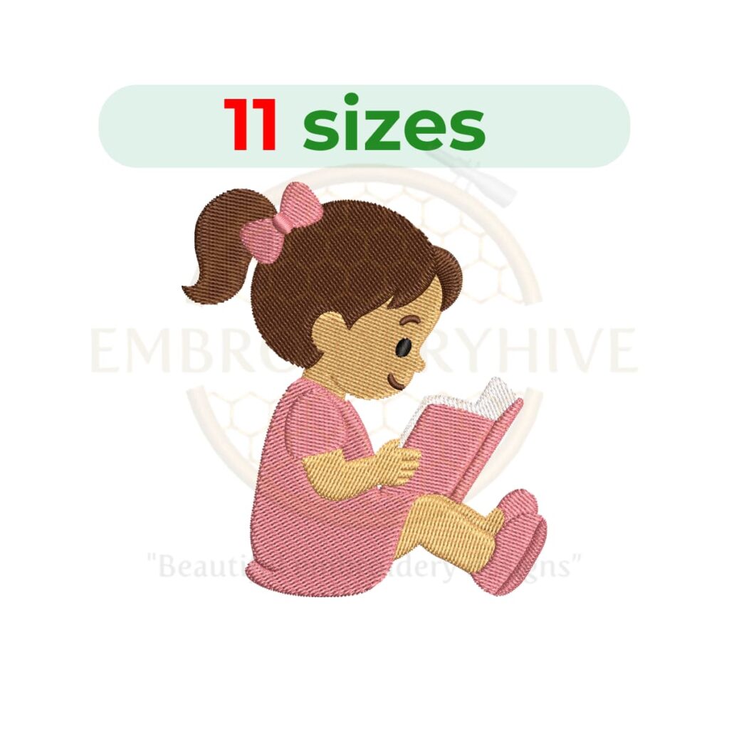 Girl Reading Book machine embroidery design featuring a child enjoying a book. Digital embroidery file available in 11 sizes from 2.5 to 7.5 inches. Instant download in DST, PES, JEF, EXP, HUS, PEC, VIP, PCS, CSD, VP3, and XXX formats.