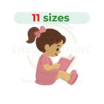 Girl Reading Book machine embroidery design featuring a child enjoying a book. Digital embroidery file available in 11 sizes from 2.5 to 7.5 inches. Instant download in DST, PES, JEF, EXP, HUS, PEC, VIP, PCS, CSD, VP3, and XXX formats.