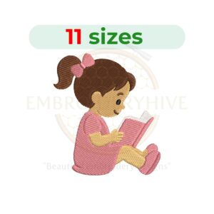 Girl Reading Book machine embroidery design featuring a child enjoying a book. Digital embroidery file available in 11 sizes from 2.5 to 7.5 inches. Instant download in DST, PES, JEF, EXP, HUS, PEC, VIP, PCS, CSD, VP3, and XXX formats.