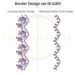 Delicate floral vine border embroidery design set with matching outline circle.