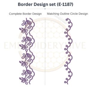 Delicate floral vine border embroidery design set with matching outline circle.