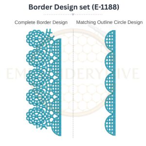 Geometric lace border embroidery design set with matching outline circle.