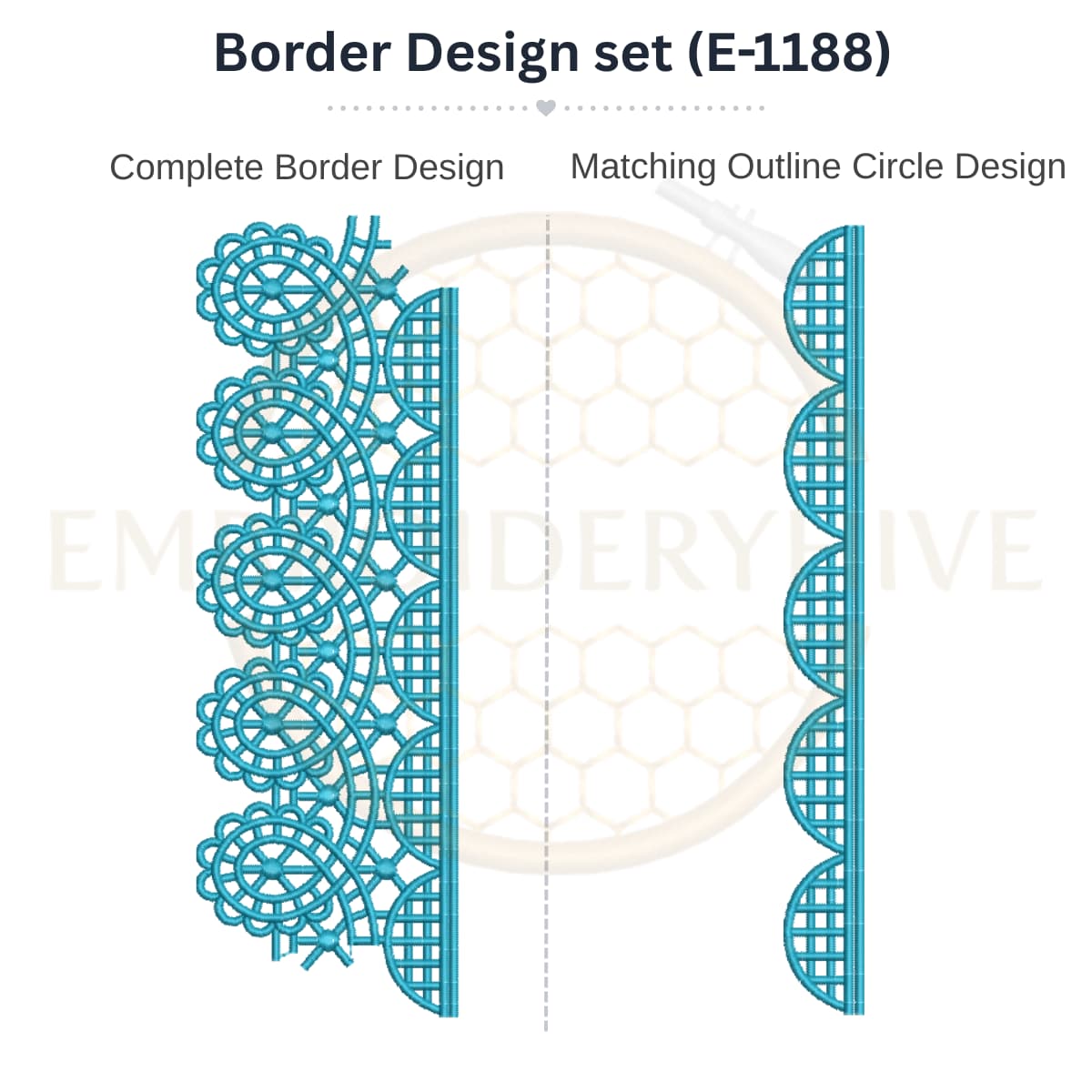 Geometric lace border embroidery design set with matching outline circle.