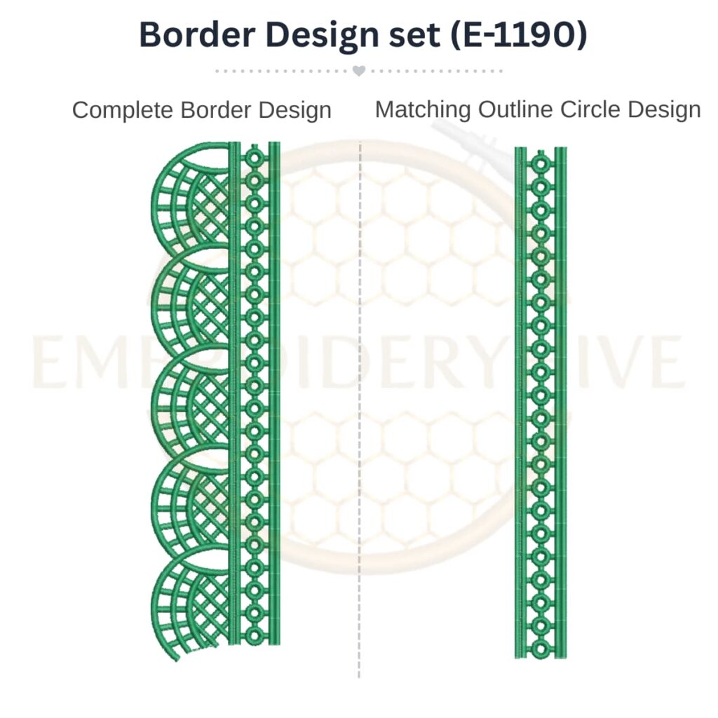 Scalloped geometric lace border embroidery design set with matching outline circle.