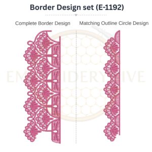 Shell fan lace border embroidery design set with matching outline circle.