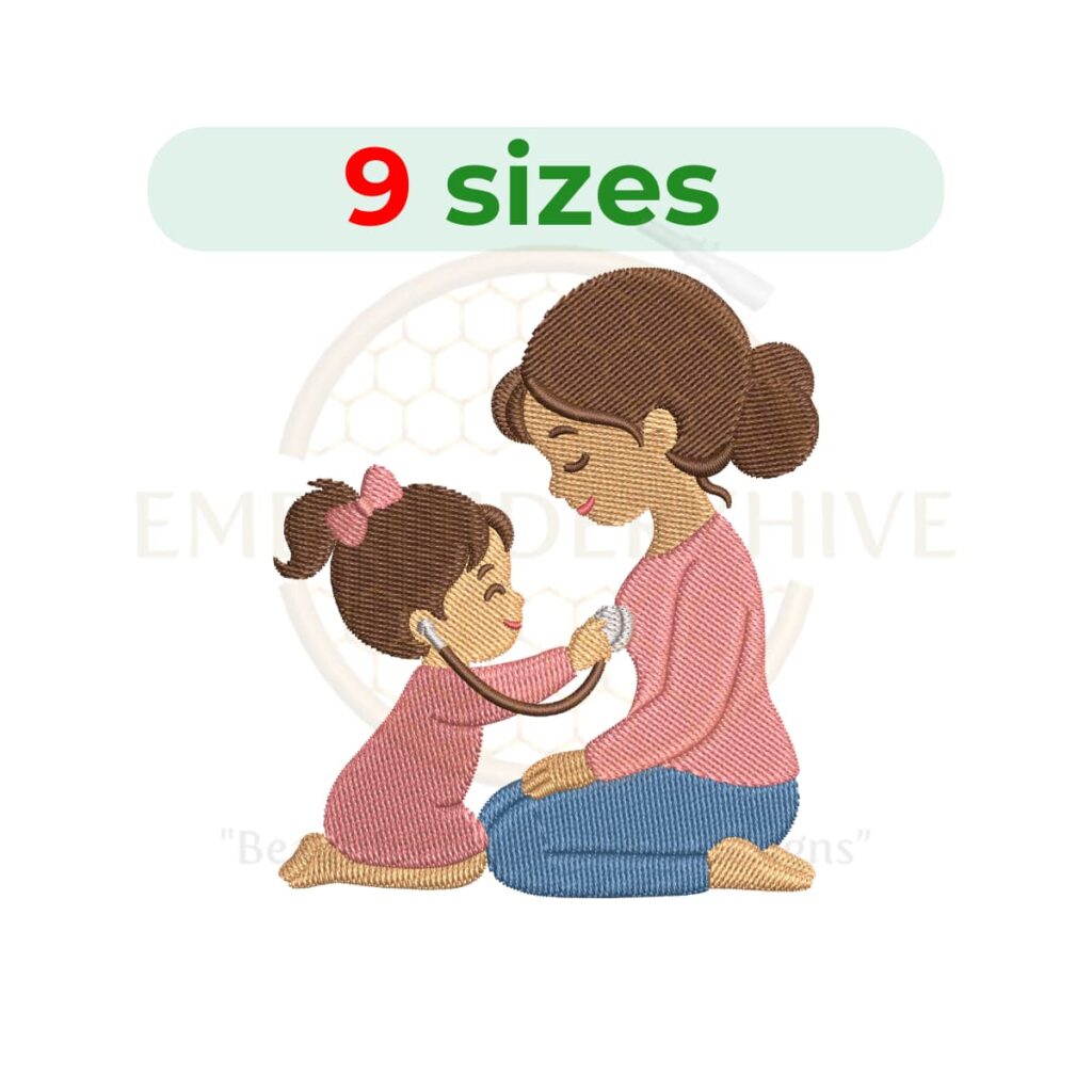 Mother and Child Playing Doctor machine embroidery design featuring a playful healthcare-themed scene. Digital embroidery file available in 9 sizes from 3.5 to 7.5 inches. Instant download in DST, PES, JEF, EXP, HUS, PEC, VIP, PCS, CSD, VP3, and XXX formats.