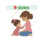 Mother and Child Playing Doctor machine embroidery design featuring a playful healthcare-themed scene. Digital embroidery file available in 9 sizes from 3.5 to 7.5 inches. Instant download in DST, PES, JEF, EXP, HUS, PEC, VIP, PCS, CSD, VP3, and XXX formats.