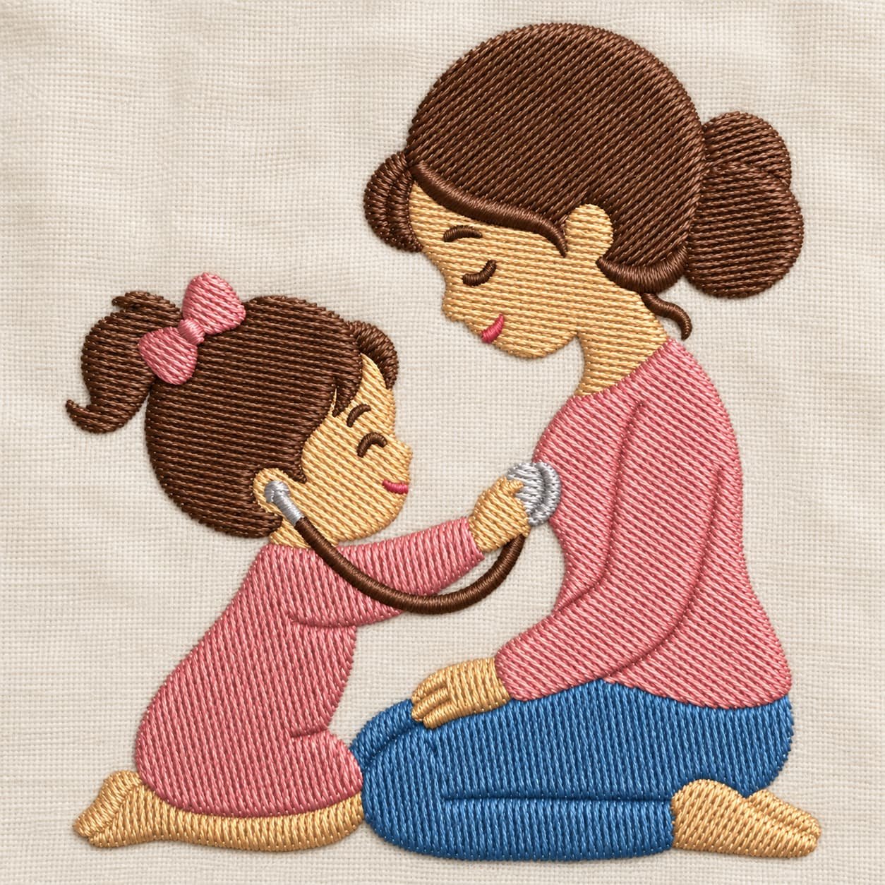 Mother and child playing doctor embroidery design - Image 3