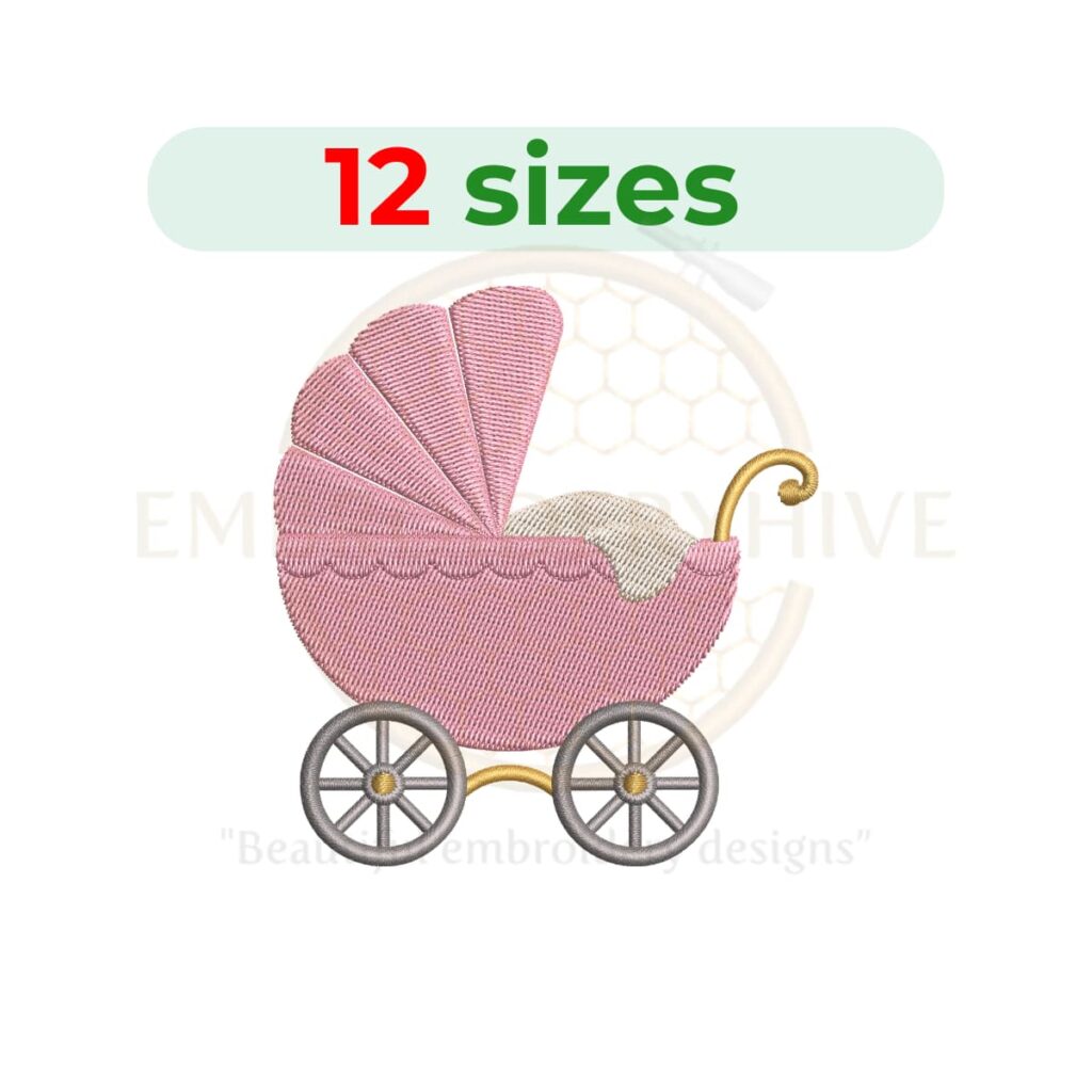 Baby Carriage embroidery design digital machine embroidery pattern for baby blankets, nursery décor, bibs, onesies, quilts, towels, and baby shower gift projects.