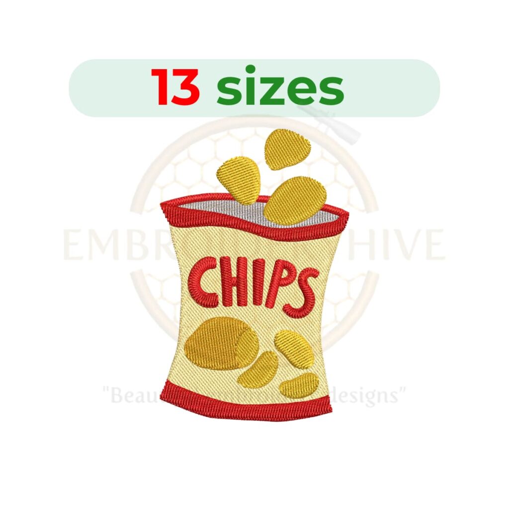 Chips Packet machine embroidery design featuring a snack bag motif. Digital embroidery file available in 13 sizes from 1.5 to 7.5 inches. Instant download in DST, PES, JEF, EXP, HUS, PEC, VIP, PCS, CSD, VP3, and XXX formats.