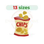 Chips Packet machine embroidery design featuring a snack bag motif. Digital embroidery file available in 13 sizes from 1.5 to 7.5 inches. Instant download in DST, PES, JEF, EXP, HUS, PEC, VIP, PCS, CSD, VP3, and XXX formats.