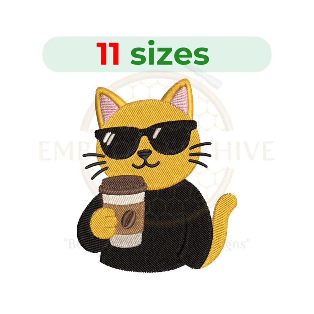 Cool Cat Coffee machine embroidery design featuring a stylish cat enjoying coffee. Digital embroidery file available in 11 sizes from 2.5 to 7.5 inches. Instant download in DST, PES, JEF, EXP, HUS, PEC, VIP, PCS, CSD, VP3, and XXX formats.