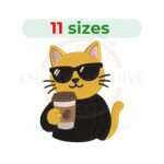 Cool Cat Coffee machine embroidery design featuring a stylish cat enjoying coffee. Digital embroidery file available in 11 sizes from 2.5 to 7.5 inches. Instant download in DST, PES, JEF, EXP, HUS, PEC, VIP, PCS, CSD, VP3, and XXX formats.