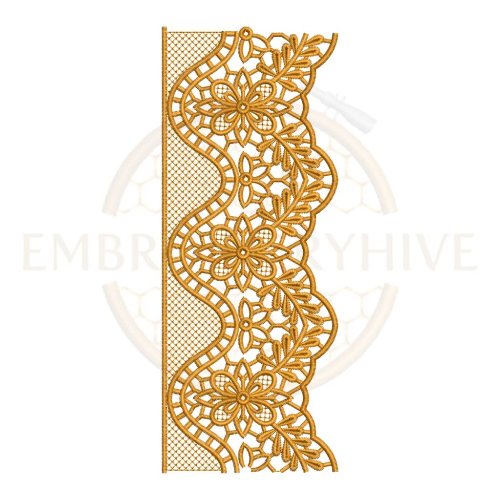 Floral Border Embroidery Design Floral Medallion Lace (E-1140) digital machine embroidery pattern for tablecloths, bedsheets, pillow covers, curtains, towels, dresses, kurtis, and home décor projects.