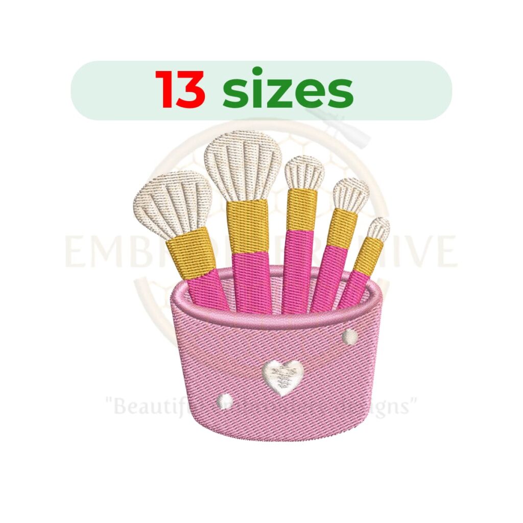 Makeup Brushes machine embroidery design featuring a set of cosmetic brushes. Digital embroidery file available in 13 sizes from 1.5 to 7.5 inches. Instant download in DST, PES, JEF, EXP, HUS, PEC, VIP, PCS, CSD, VP3, and XXX formats.