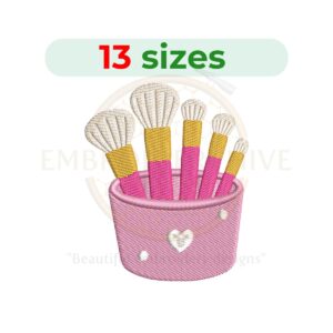 Makeup Brushes machine embroidery design featuring a set of cosmetic brushes. Digital embroidery file available in 13 sizes from 1.5 to 7.5 inches. Instant download in DST, PES, JEF, EXP, HUS, PEC, VIP, PCS, CSD, VP3, and XXX formats.