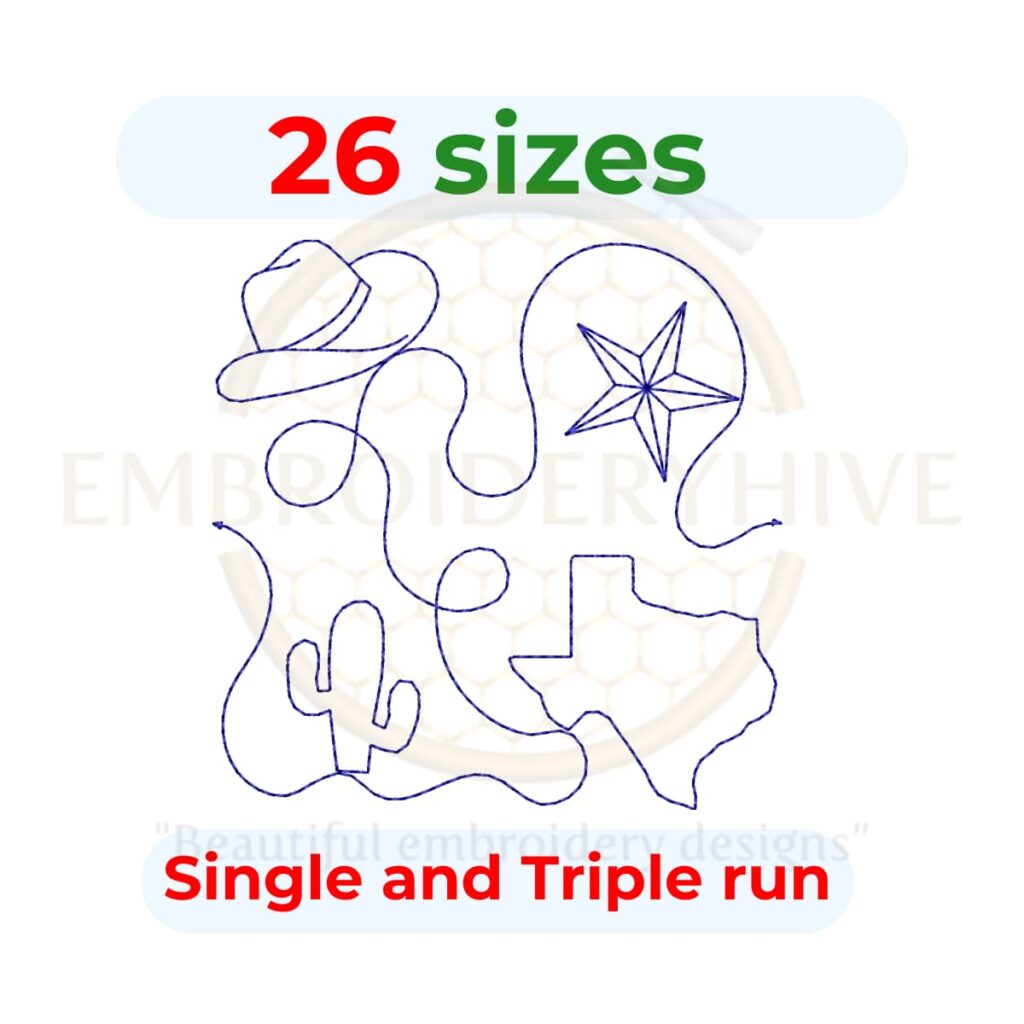 Texas End to End Quilting embroidery design featuring an edge-to-edge Texas quilt pattern. Digital download includes single-run and triple-run (bean stitch) versions in 26 sizes from 3 to 12 inches for embroidery and longarm quilting machines.