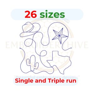 Texas End to End Quilting embroidery design featuring an edge-to-edge Texas quilt pattern. Digital download includes single-run and triple-run (bean stitch) versions in 26 sizes from 3 to 12 inches for embroidery and longarm quilting machines.