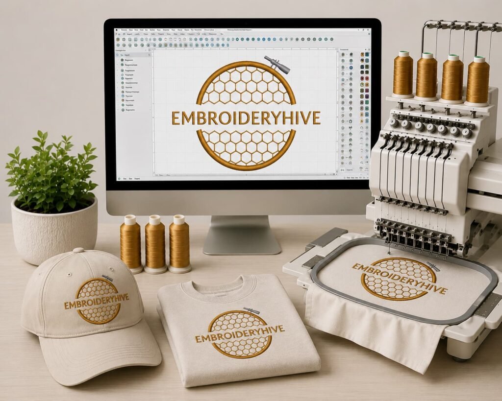 Custom embroidery digitizing service with logo on computer screen and embroidery machine