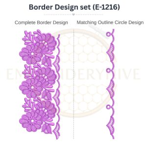Dahlia Leaf Flower matching border embroidery design set with outline circle, instant digital download.