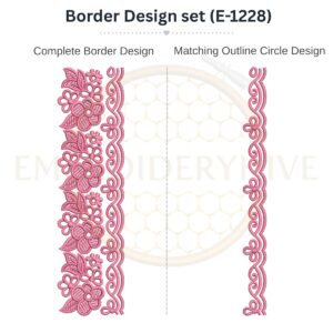 Elegant Floral Scroll matching border embroidery design set with outline circle, instant digital download.