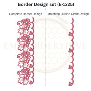 Floral Leaf Vine matching border embroidery design set with outline circle, instant digital download.