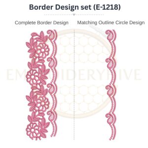 Floral Paisley Vine matching border embroidery design set with outline circle, instant digital download.